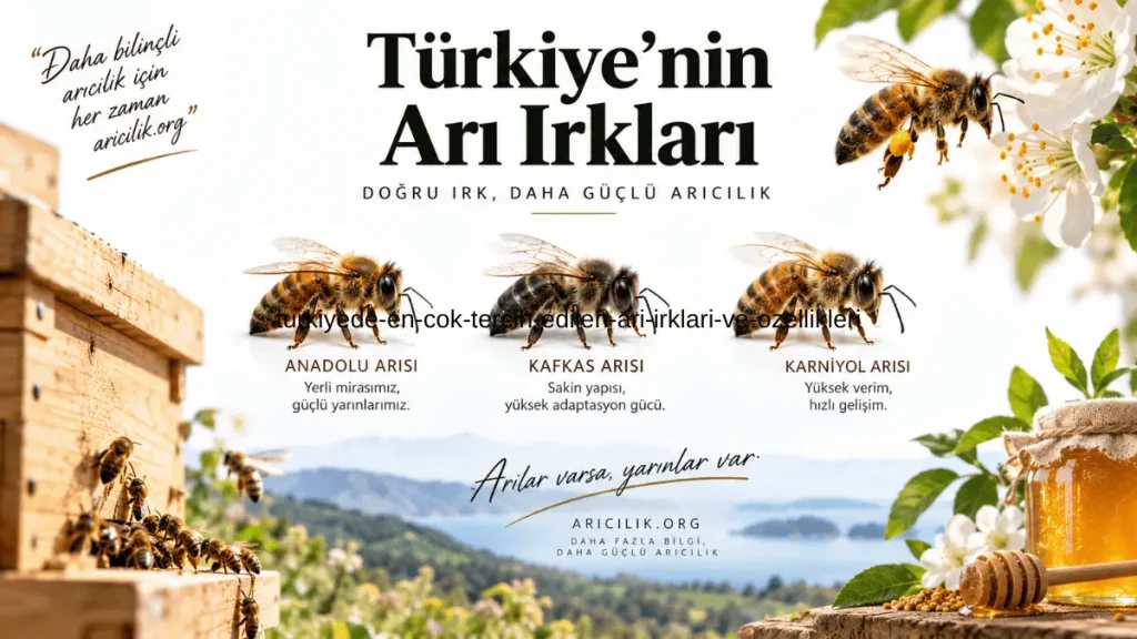 Türkiye’de yaygın arı ırklarını gösteren Anadolu, Kafkas ve Karniyol arıları temalı arıcılık görseli.