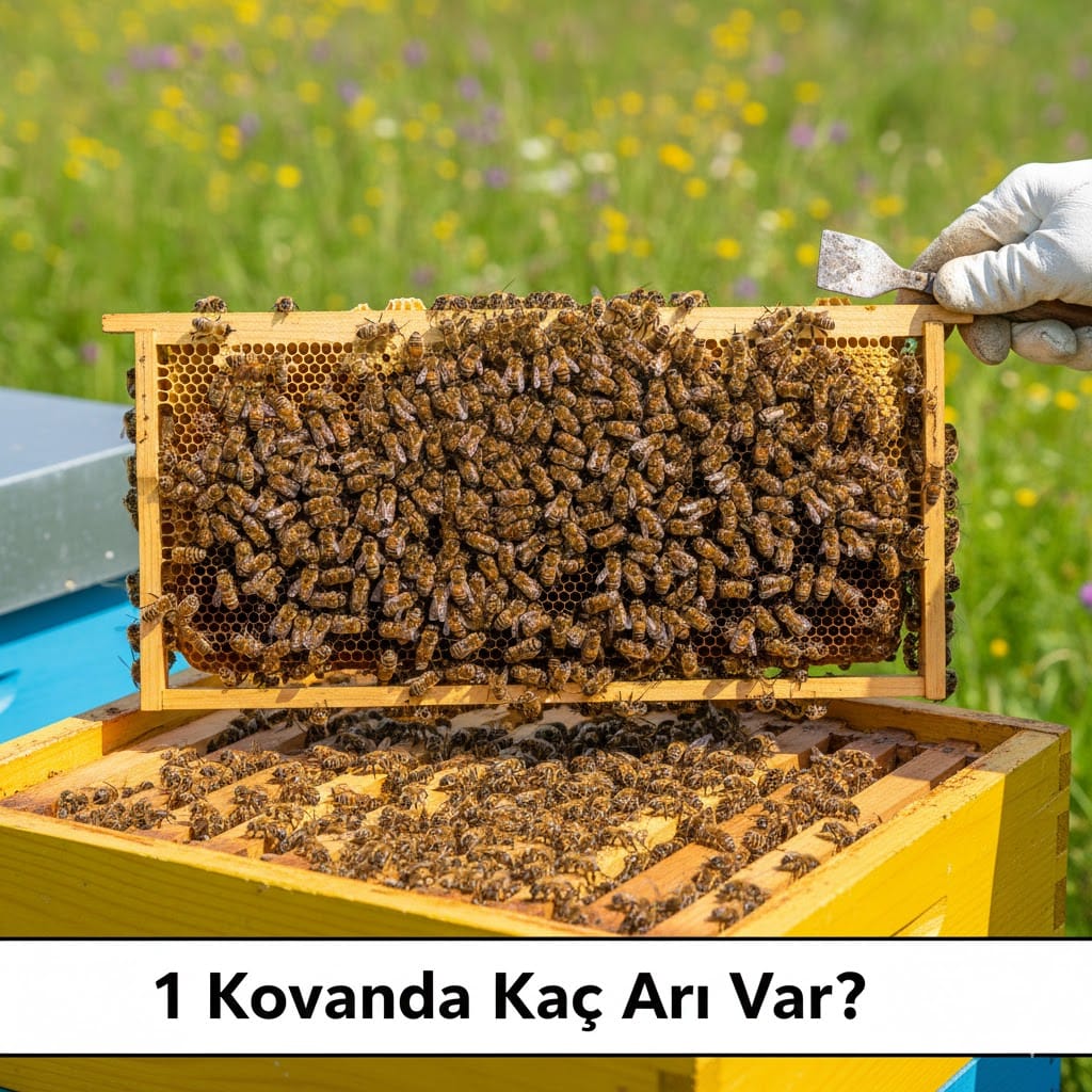 Bir kovanda ortalama kaç arı bulunduğunu gösteren, çerçeveleri arılarla yoğun şekilde kaplı arıcılık görseli.