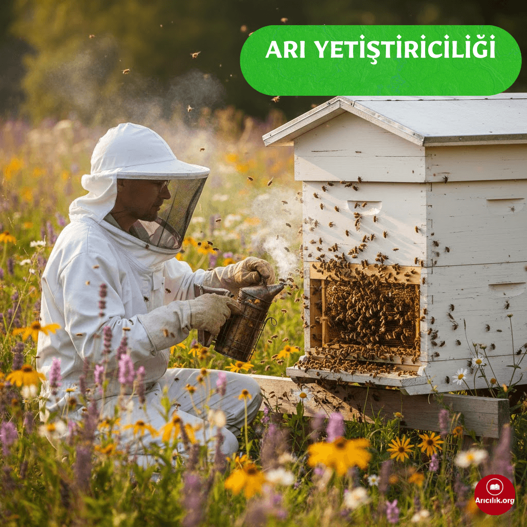 Arı yetiştiriciliği görseli; arıcının kovan kontrolü yaptığı, güçlü koloninin uçuşta olduğu arıcılık sahnesi