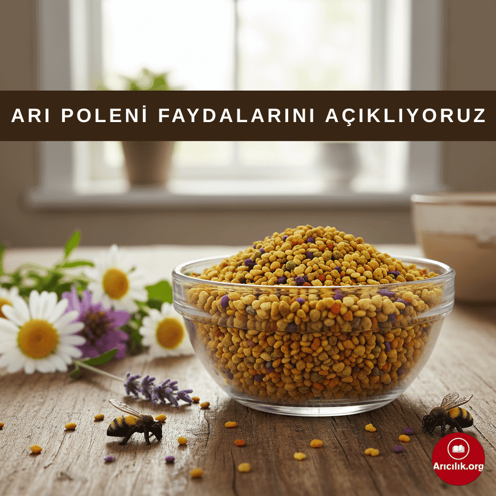 Kasede taze arı poleni taneleri, yanlarında çiçekler ve arı figürleri ile doğal bir ortamda sergileniyor