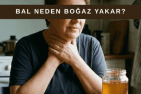 Bir kaşık bal yedikten sonra boğazında yanma hissi yaşayan kişinin gerçekçi ev ortamındaki görüntüsü