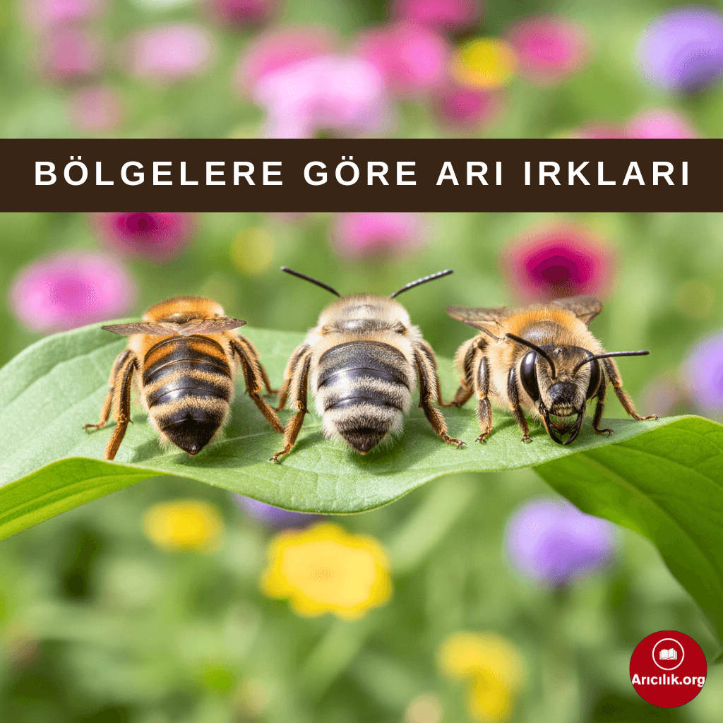 Farklı arı ırkları, doğal bir bahçe ortamında yan yana gösteriliyor; Karniyol, Anadolu ve Kafkas arıları karakter ve görünüm farklarıyla öne çıkıyor.