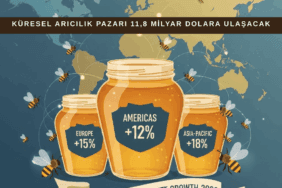 2026 yılında küresel arıcılık pazarının 11,8 milyar dolara ulaşmasını gösteren grafik ve bal üretimi görseli