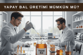 Laboratuvar ortamında bal benzeri bir ürün üretilirken, üzerinde “Yapay Bal” yazan cam kavanozun yer aldığı çalışma sahnesi