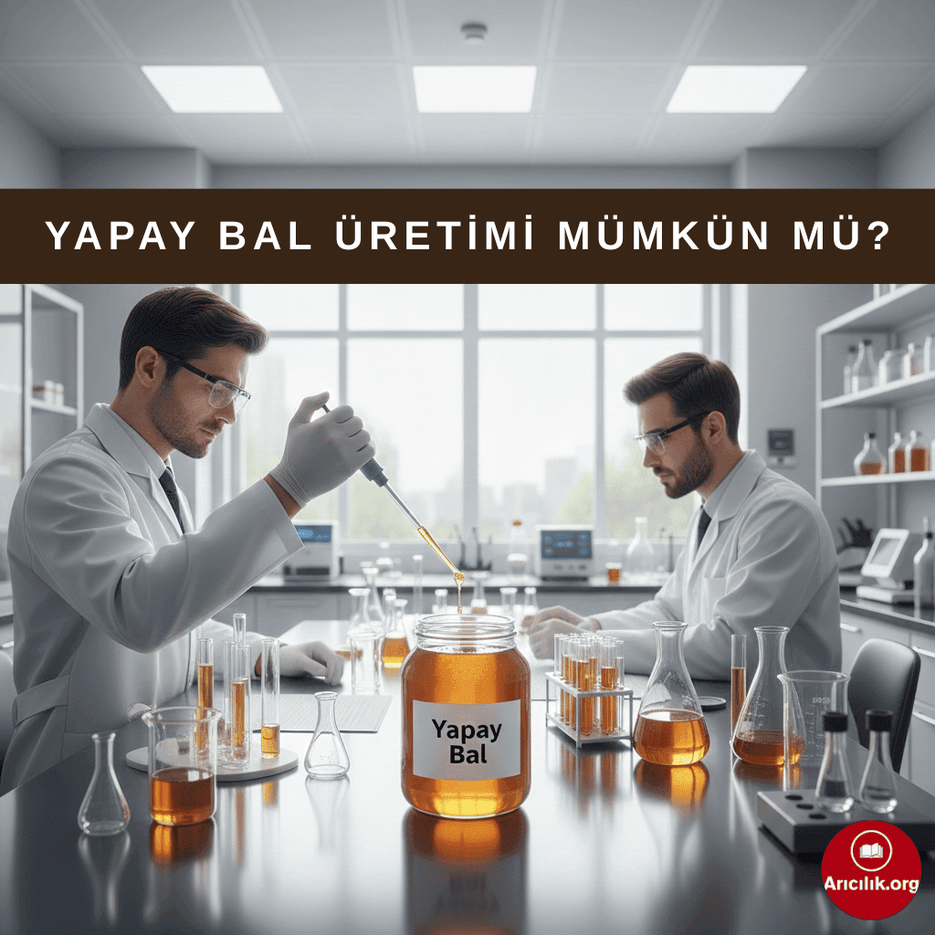Laboratuvar ortamında bal benzeri bir ürün üretilirken, üzerinde “Yapay Bal” yazan cam kavanozun yer aldığı çalışma sahnesi