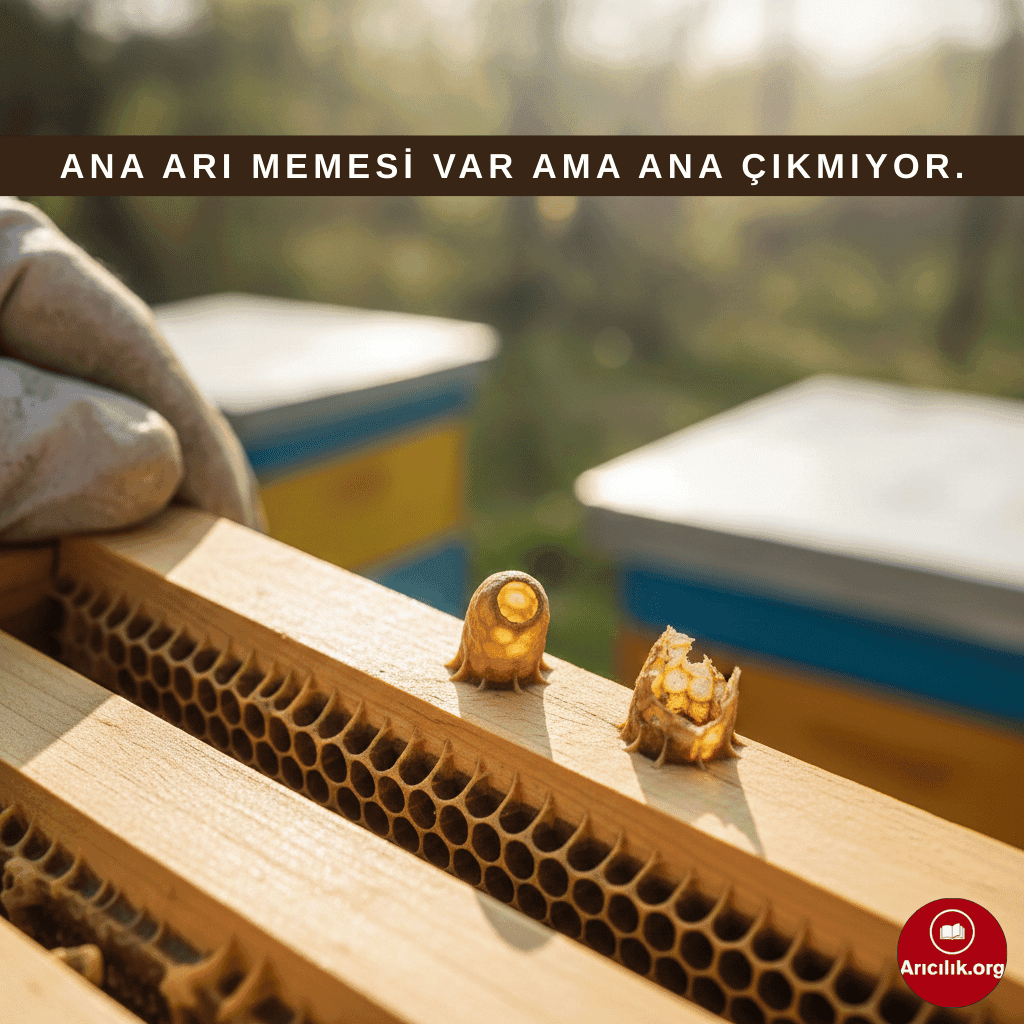 Ana arı memesi olan petek ve büyüteçle varroa kontrolü, ana çıkmama nedenlerini anlatan arıcılık görseli