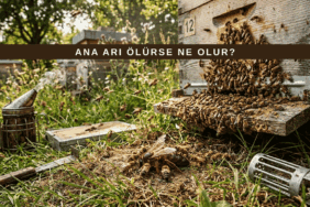 Kovan içinde yerde hareketsiz duran ana arı ve etrafında toplanmış işçi arılar