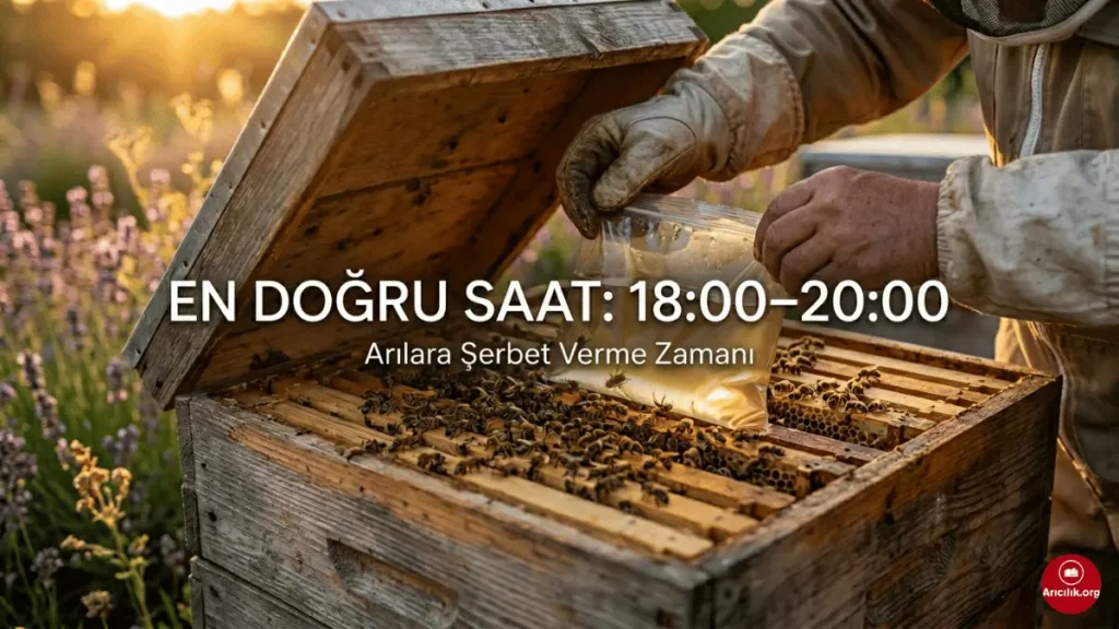 Arılara şerbet saat kaçta verilir, akşam 18:00–20:00 arası kovan içine şerbet koyma uygulaması