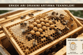 Kovandaki erkek arı oranını artırmak için drone peteği ve koloni yönetimi tekniklerini gösteren bilgilendirici görsel