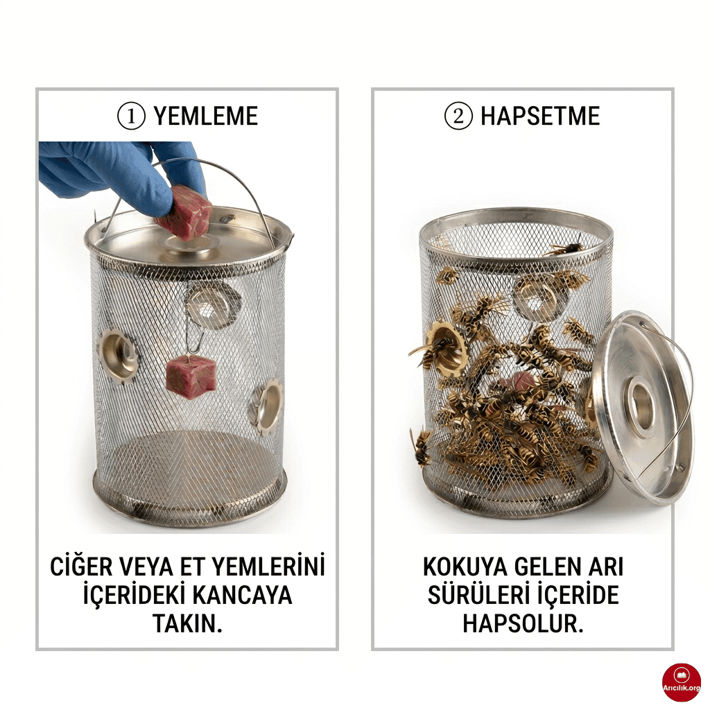 Eşek arısı kapanı kurulumu ve tavuk ciğeri ile yemleme tekniği