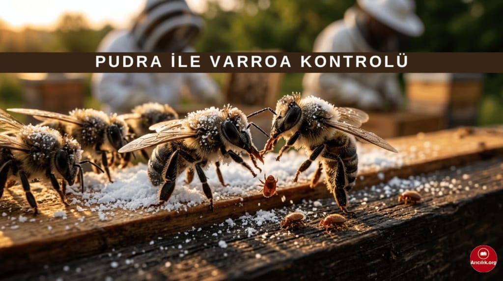 Pudra ile varroa tespiti için kavanozda şekerle kaplanmış arılar ve düşen varroalar