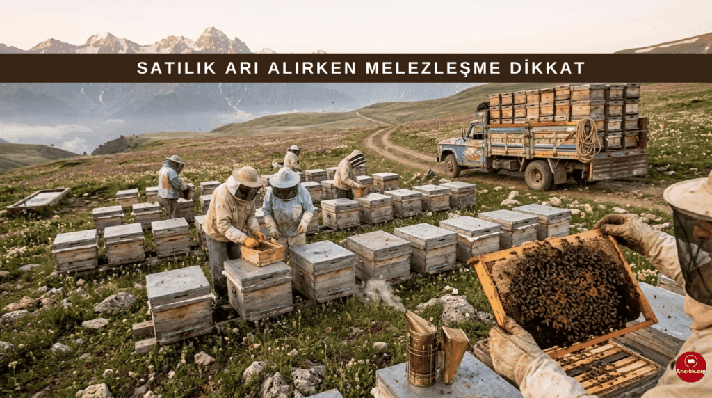 Türkiye’de satılık arı alımı sırasında melezleşme riskini gösteren sahne, koloniler arası taşıma ve yoğun arı gruplarıyla birlikte.