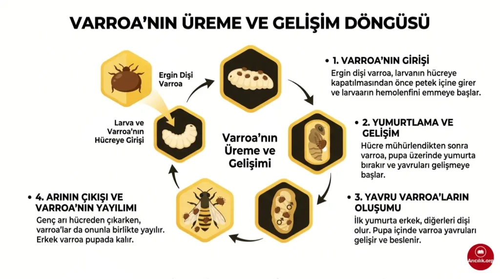 Varroa üreme ve gelişme döngüsünü gösteren arıcılık tablosu