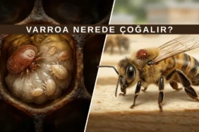 Varroa akarı kapalı yavru gözünde çoğalırken ve yetişkin arı üzerinde görünümü