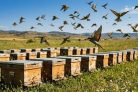 Arı kuşu sürüsü arılık üzerinde uçarken arıları avlıyor