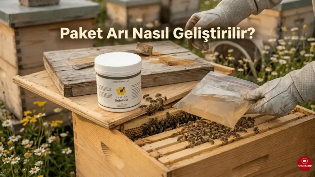 Paket arı kovanda hızlı geliştirme için şerbet ve vitamin uygulaması yapılan arı çerçeveleri yakın çekim