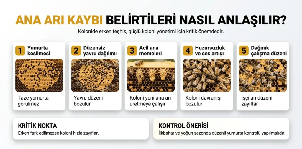 Ana arı kaybı belirtileri, kolonide yumurta kesilmesi, düzensiz yavru ve acil ana memeleri oluşumu