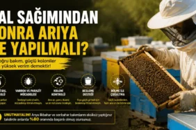 Bal sağımı sonrası arı bakımı yapan arıcı, kovan kontrolü ve varroa mücadelesi için çerçeve incelemesi yapıyor.