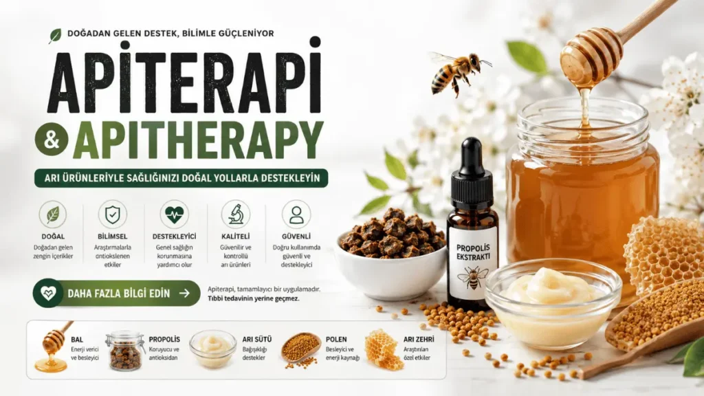 Apiterapi ve apitherapy kapsamında bal, propolis, arı sütü, polen ve arı zehrini gösteren bilimsel içerik görseli.