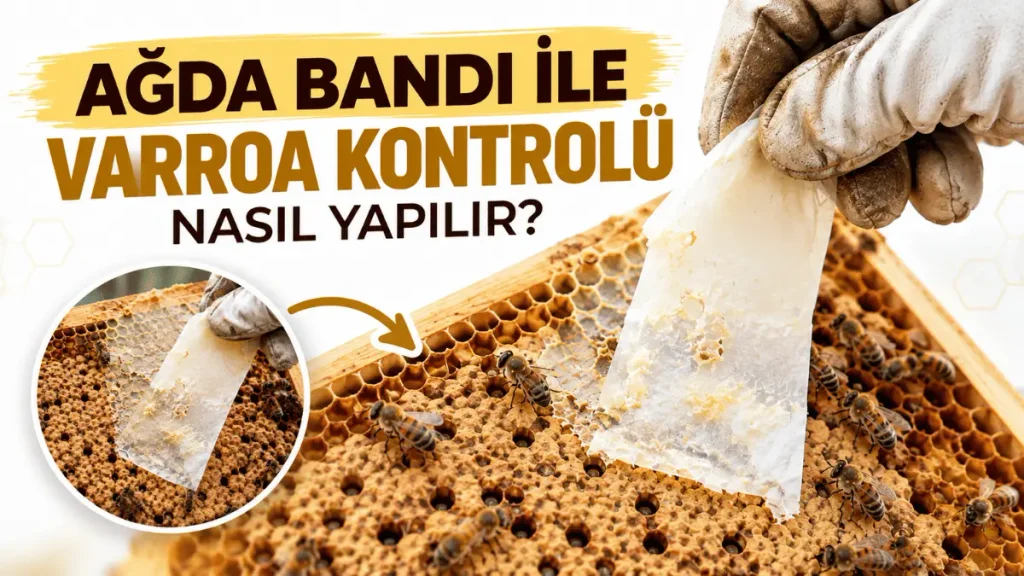 Ağda bandı ile Varroa kontrolü için kapalı yavrulu arı peteğine yapıştırılan beyaz ağda bandı