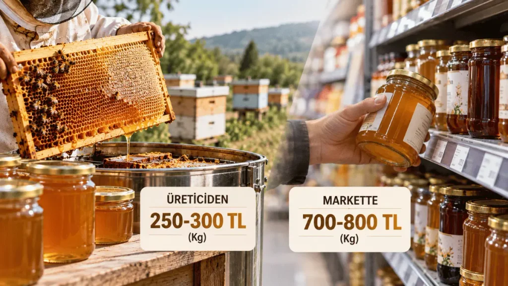 Bal üreticisi ile market satış fiyatı arasındaki farkı gösteren arıcılık görseli