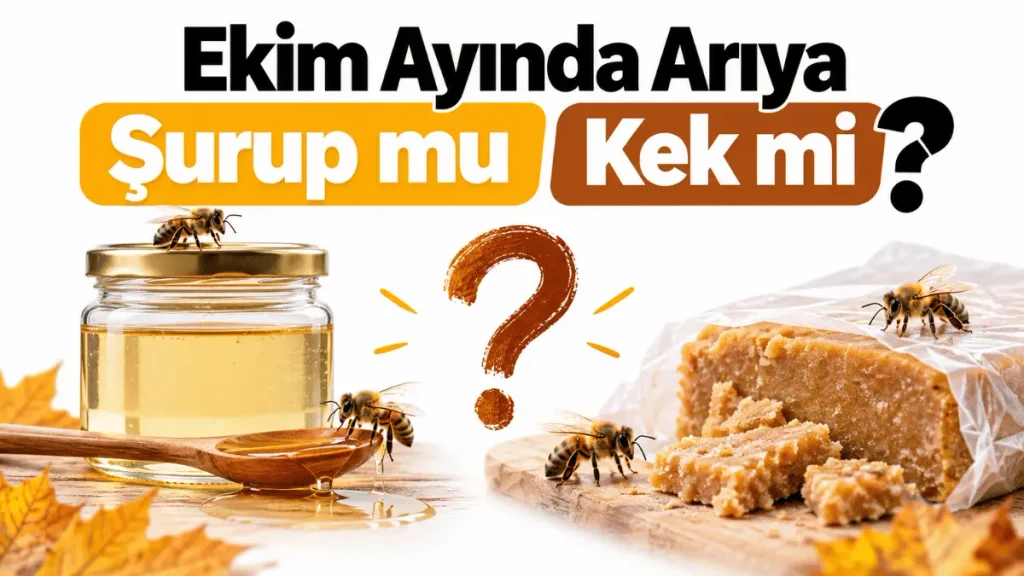 Ekim ayında arıya şurup mu kek mi verilmesi gerektiğini gösteren arıcılık görseli