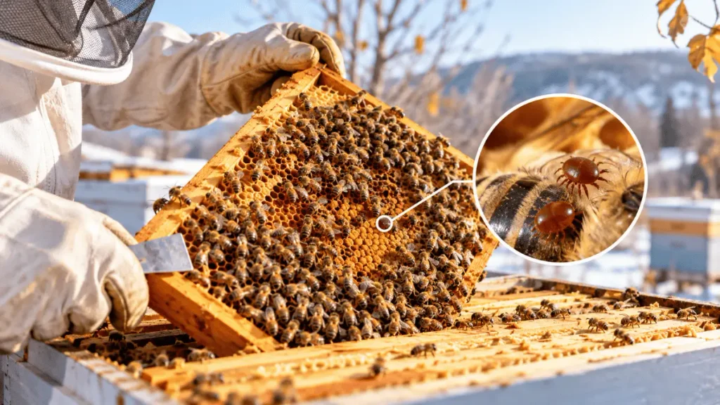Kışa girecek arıda Varroa kontrolünü gösteren, arıcı tarafından incelenen bal arısı çerçevesi